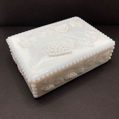 LOT 100: Three Uranium Glass Plates with Westmoreland Rectangular Milk Glass Lidded Box