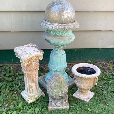 LOT 86: Outdoor / Garden Decor - Pedestal Planter / Glass Ball, Distressed Pedestal, Planter and More