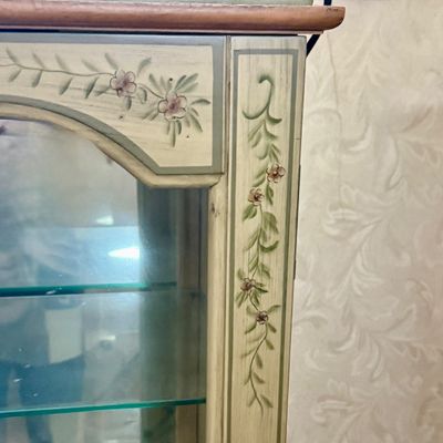 LOT 35: Hand Painted Display Wood Shelf with Mirrored Back and Glass Shelves