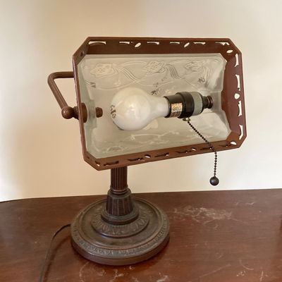 LOT 70: Vintage Banker's Desk Lamp with Frosted / Etched Floral Shade