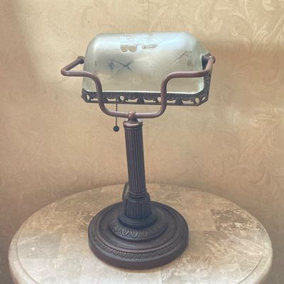 LOT 70: Vintage Banker's Desk Lamp with Frosted / Etched Floral Shade