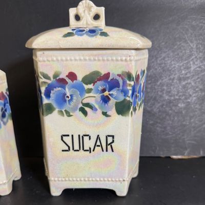 LOT 46: Vintage Cornet Czechoslovakian Ceramic Lusterware Canister, Spice Jars and Vinegar Decanter