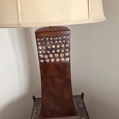 Modernist Leather-Wrapped Table Lamp with Geometric Inlay