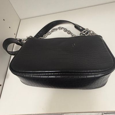 Black Crocodile-Embossed Faux Leather Shoulder Bag with Chain Strap
