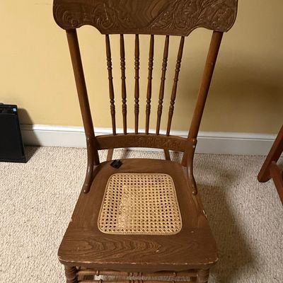 Antique Oak Press Back Spindle Rocking Chair with Cane Seat