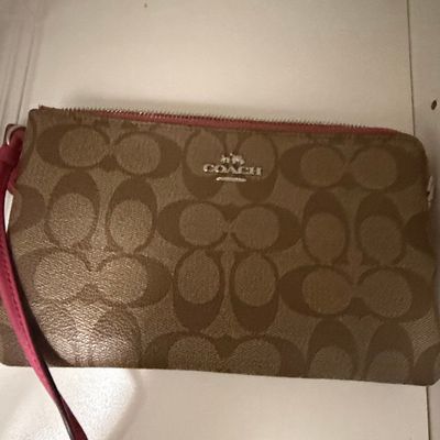 Coach Double Zip Signature Canvas Wristlet with Pink Accents