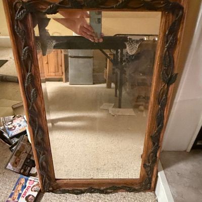 Vintage Black Forest Style Carved Wood Mirror with Vine Overlay