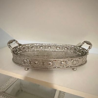 Vintage Silver-Plated Oval Gallery Vanity Tray
