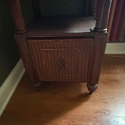 Vintage Tommy Bahama Style Rattan and Mahogany Bedside Commode