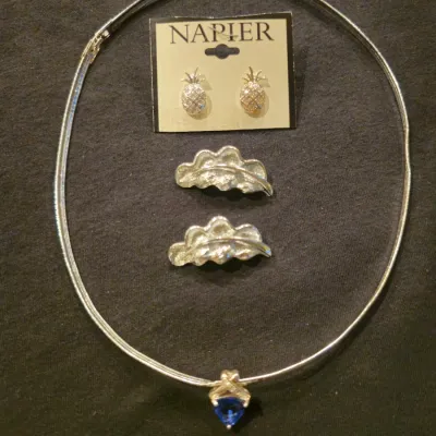 Vintage Designer, Silver, Emerald, Dimond Necklace, Earrings, Brooch Suite
