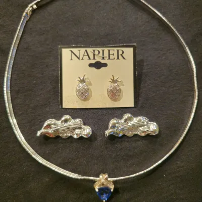 Vintage Designer, Silver, Emerald, Dimond Necklace, Earrings, Brooch Suite