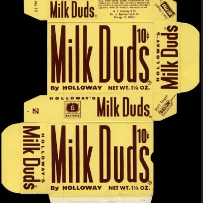Vintage Holloway's Milk Duds 10-cent cardboard candy box flat, featuring classic yellow and brown branding from the Beatrice Foods era.