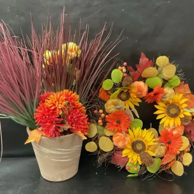 Fall Wreath & Faux Grass Decor
