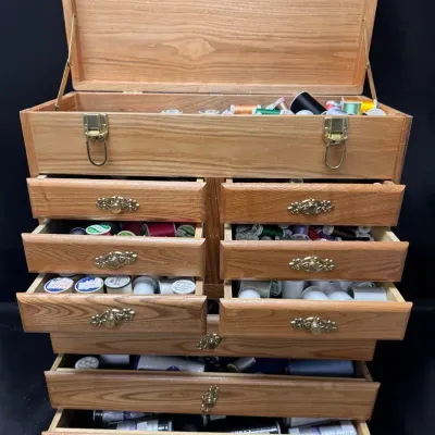 Wooden Sewing & Craft Storage Chest with Thread and Supplies