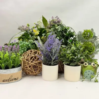 Faux Potted Greenery and Floral Decor (Lavender, Ivy Garland, and Mixed Floral Arrangement)
