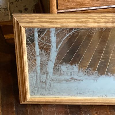 LOT 229: Vintage Josef OG Originals Fuzzy Bunny Music Box, Framed Rectangular Mirror Deer Landscape Art and More