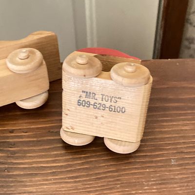LOT 227: Large Collection of Wooden Toys - Train, Trucks, Airplane, (The Montgomery Schoolhouse, Inc. / Mr. Toys) and More