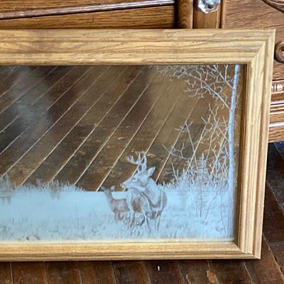 LOT 229: Vintage Josef OG Originals Fuzzy Bunny Music Box, Framed Rectangular Mirror Deer Landscape Art and More