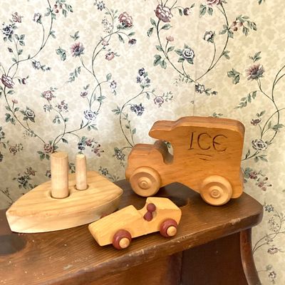 LOT 227: Large Collection of Wooden Toys - Train, Trucks, Airplane, (The Montgomery Schoolhouse, Inc. / Mr. Toys) and More
