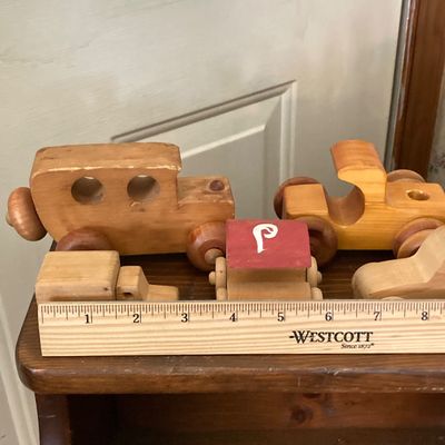 LOT 227: Large Collection of Wooden Toys - Train, Trucks, Airplane, (The Montgomery Schoolhouse, Inc. / Mr. Toys) and More