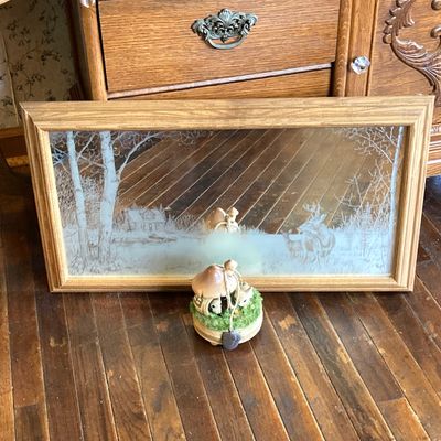 LOT 229: Vintage Josef OG Originals Fuzzy Bunny Music Box, Framed Rectangular Mirror Deer Landscape Art and More
