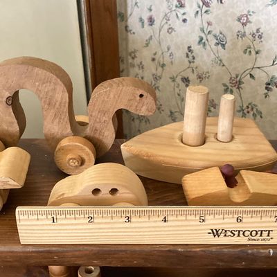 LOT 227: Large Collection of Wooden Toys - Train, Trucks, Airplane, (The Montgomery Schoolhouse, Inc. / Mr. Toys) and More