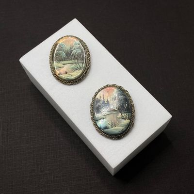 LOT 234: Pair of Vintage Hand-painted Porcelain Russian Brooches / Pins