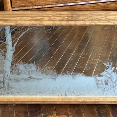 LOT 229: Vintage Josef OG Originals Fuzzy Bunny Music Box, Framed Rectangular Mirror Deer Landscape Art and More
