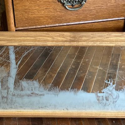 LOT 229: Vintage Josef OG Originals Fuzzy Bunny Music Box, Framed Rectangular Mirror Deer Landscape Art and More