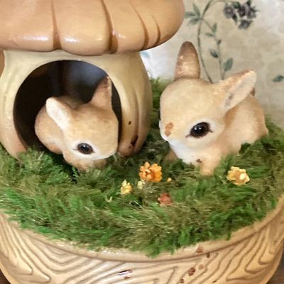 LOT 229: Vintage Josef OG Originals Fuzzy Bunny Music Box, Framed Rectangular Mirror Deer Landscape Art and More