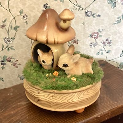 LOT 229: Vintage Josef OG Originals Fuzzy Bunny Music Box, Framed Rectangular Mirror Deer Landscape Art and More