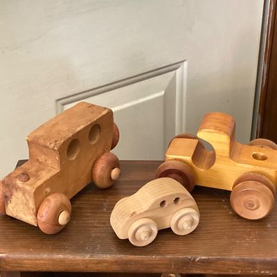 LOT 227: Large Collection of Wooden Toys - Train, Trucks, Airplane, (The Montgomery Schoolhouse, Inc. / Mr. Toys) and More