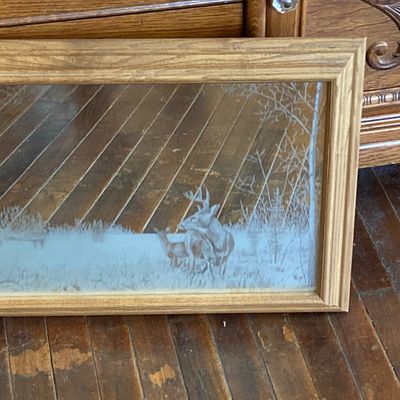 LOT 229: Vintage Josef OG Originals Fuzzy Bunny Music Box, Framed Rectangular Mirror Deer Landscape Art and More