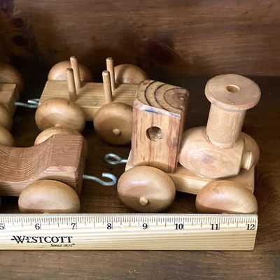 LOT 227: Large Collection of Wooden Toys - Train, Trucks, Airplane, (The Montgomery Schoolhouse, Inc. / Mr. Toys) and More