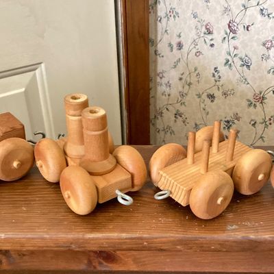 LOT 227: Large Collection of Wooden Toys - Train, Trucks, Airplane, (The Montgomery Schoolhouse, Inc. / Mr. Toys) and More