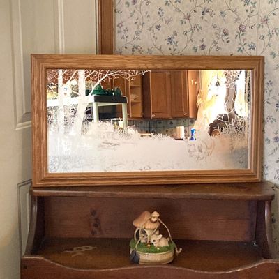 LOT 229: Vintage Josef OG Originals Fuzzy Bunny Music Box, Framed Rectangular Mirror Deer Landscape Art and More