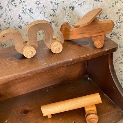 LOT 227: Large Collection of Wooden Toys - Train, Trucks, Airplane, (The Montgomery Schoolhouse, Inc. / Mr. Toys) and More