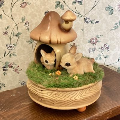LOT 229: Vintage Josef OG Originals Fuzzy Bunny Music Box, Framed Rectangular Mirror Deer Landscape Art and More