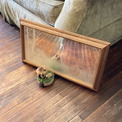 LOT 229: Vintage Josef OG Originals Fuzzy Bunny Music Box, Framed Rectangular Mirror Deer Landscape Art and More