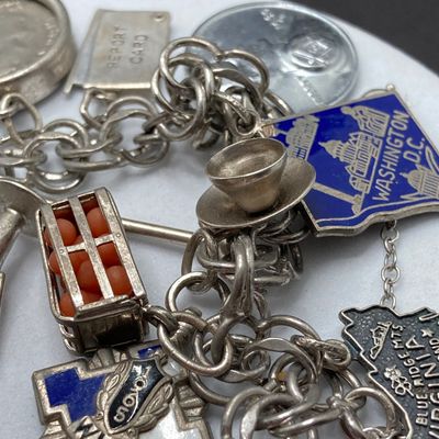 LOT 235: Vintage Elco Sterling Silver Charm Bracelet with Safety Chain and Charms - 54.3gtw