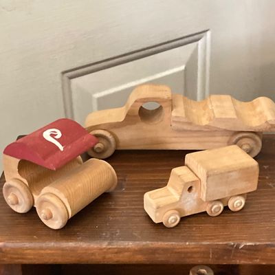 LOT 227: Large Collection of Wooden Toys - Train, Trucks, Airplane, (The Montgomery Schoolhouse, Inc. / Mr. Toys) and More
