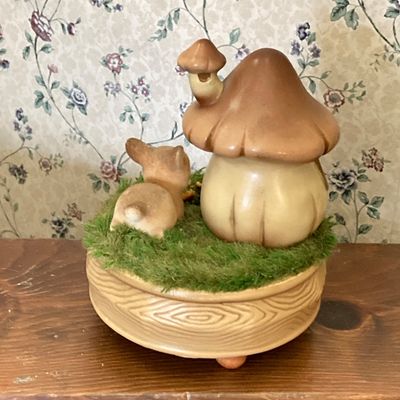 LOT 229: Vintage Josef OG Originals Fuzzy Bunny Music Box, Framed Rectangular Mirror Deer Landscape Art and More