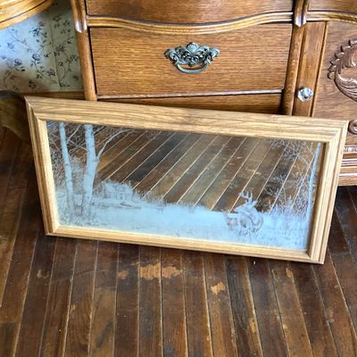 LOT 229: Vintage Josef OG Originals Fuzzy Bunny Music Box, Framed Rectangular Mirror Deer Landscape Art and More