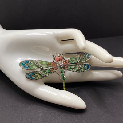 LOT 240: Stained Glass Style Dragonfly Brooch / Pin