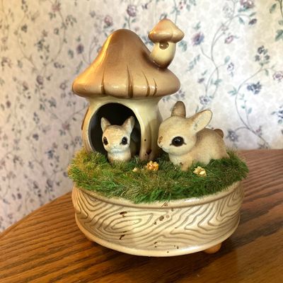 LOT 229: Vintage Josef OG Originals Fuzzy Bunny Music Box, Framed Rectangular Mirror Deer Landscape Art and More