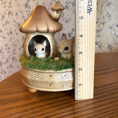 LOT 229: Vintage Josef OG Originals Fuzzy Bunny Music Box, Framed Rectangular Mirror Deer Landscape Art and More