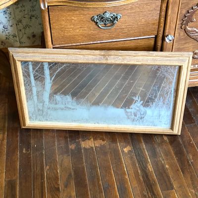 LOT 229: Vintage Josef OG Originals Fuzzy Bunny Music Box, Framed Rectangular Mirror Deer Landscape Art and More