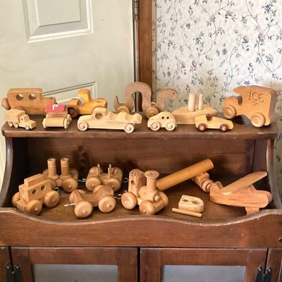 LOT 227: Large Collection of Wooden Toys - Train, Trucks, Airplane, (The Montgomery Schoolhouse, Inc. / Mr. Toys) and More