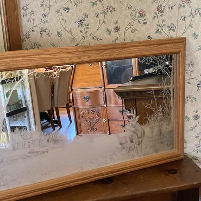 LOT 229: Vintage Josef OG Originals Fuzzy Bunny Music Box, Framed Rectangular Mirror Deer Landscape Art and More