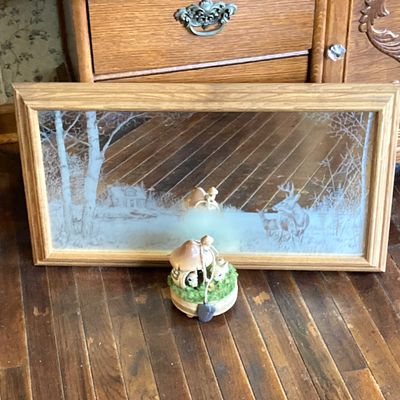 LOT 229: Vintage Josef OG Originals Fuzzy Bunny Music Box, Framed Rectangular Mirror Deer Landscape Art and More